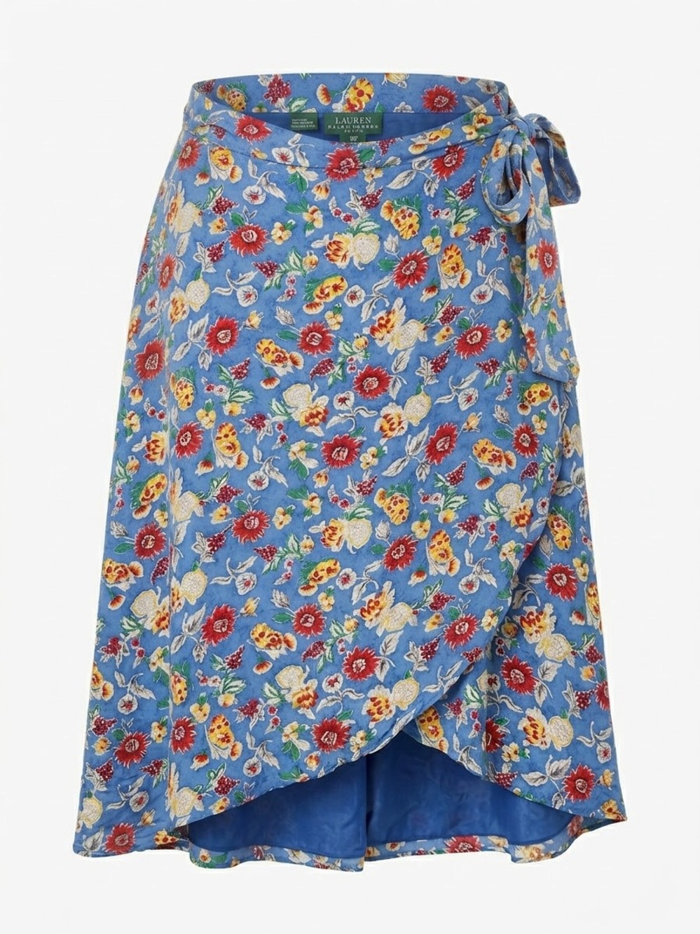 Vintage Ralph Lauren 100% Silk Floral Wrap Midi Skirt Blue Size 10P
